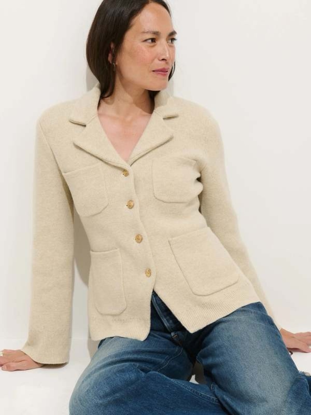 Alex Mill Cream Knit Button-Up Jacket with Patch Pockets